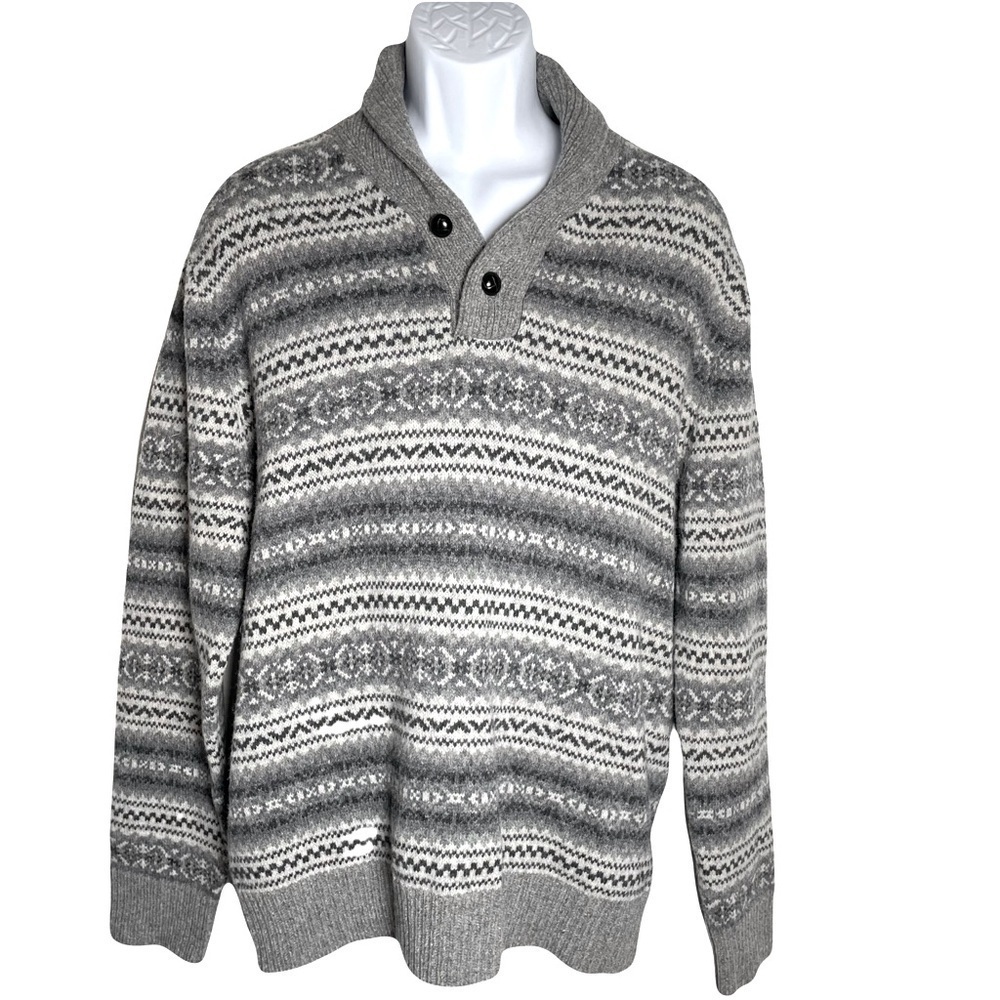 J. Crew Men’s Gray Shawl Collar 100% Lambswool Sweater with Nordic Pattern L